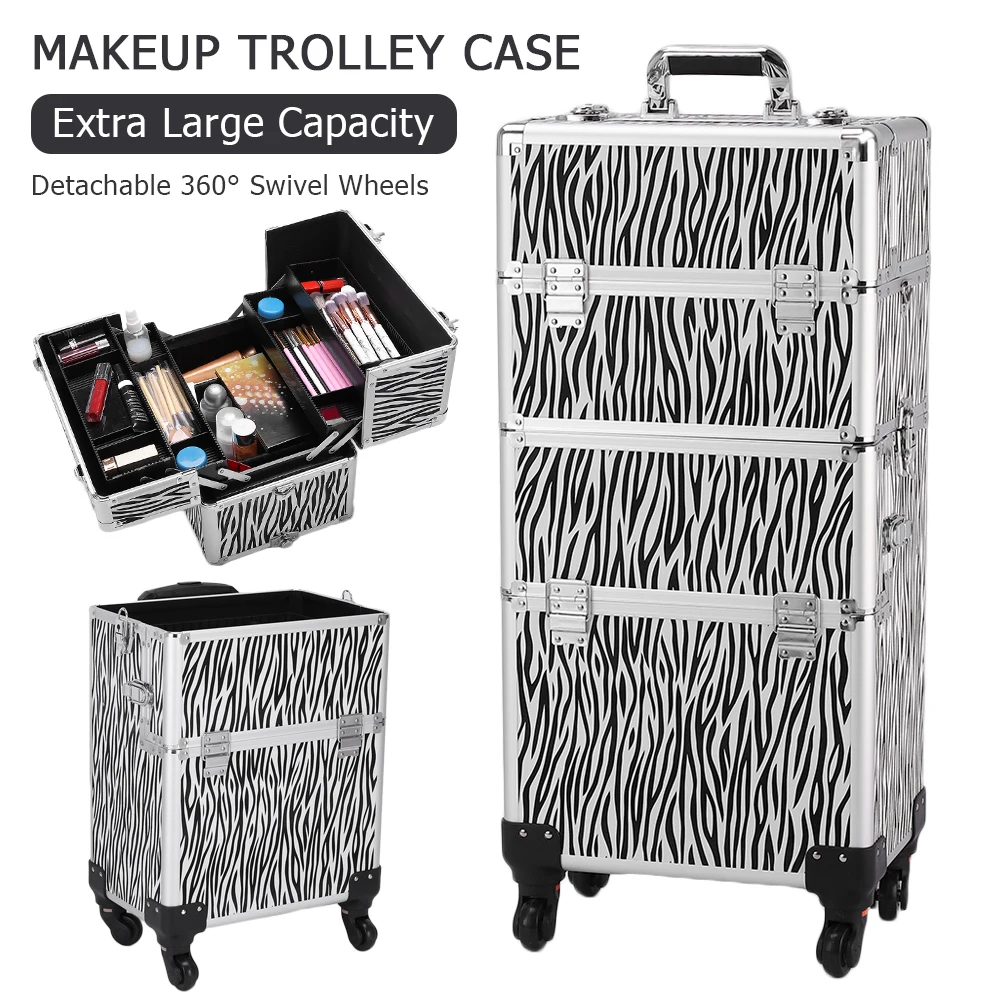 Three-In-One Aluminum Storage Box Zebra Pattern Makeup Box With Trolley Case Hair Accessories Beauty Salon Tattoo Manicure Tools