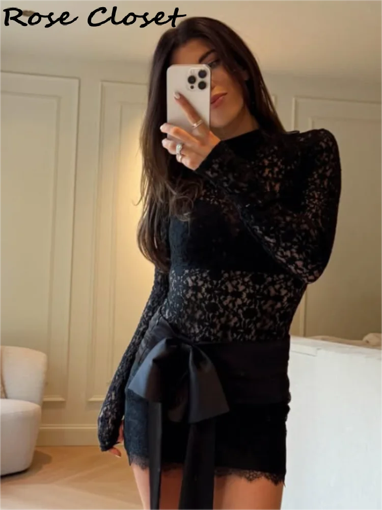 

Satin Bow Lace Bodysuit Mini Skirt Suits Women Semi-sheer Hollow Out Top Mid-Waist Lace Trim Hem Skirts 2025 New Lady Y2K Outfit