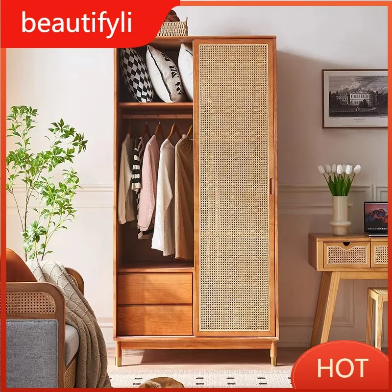 

A139 Wabi-sabi rattan ash wood wardrobe household double door cabinet with drawer partition large capacity locker