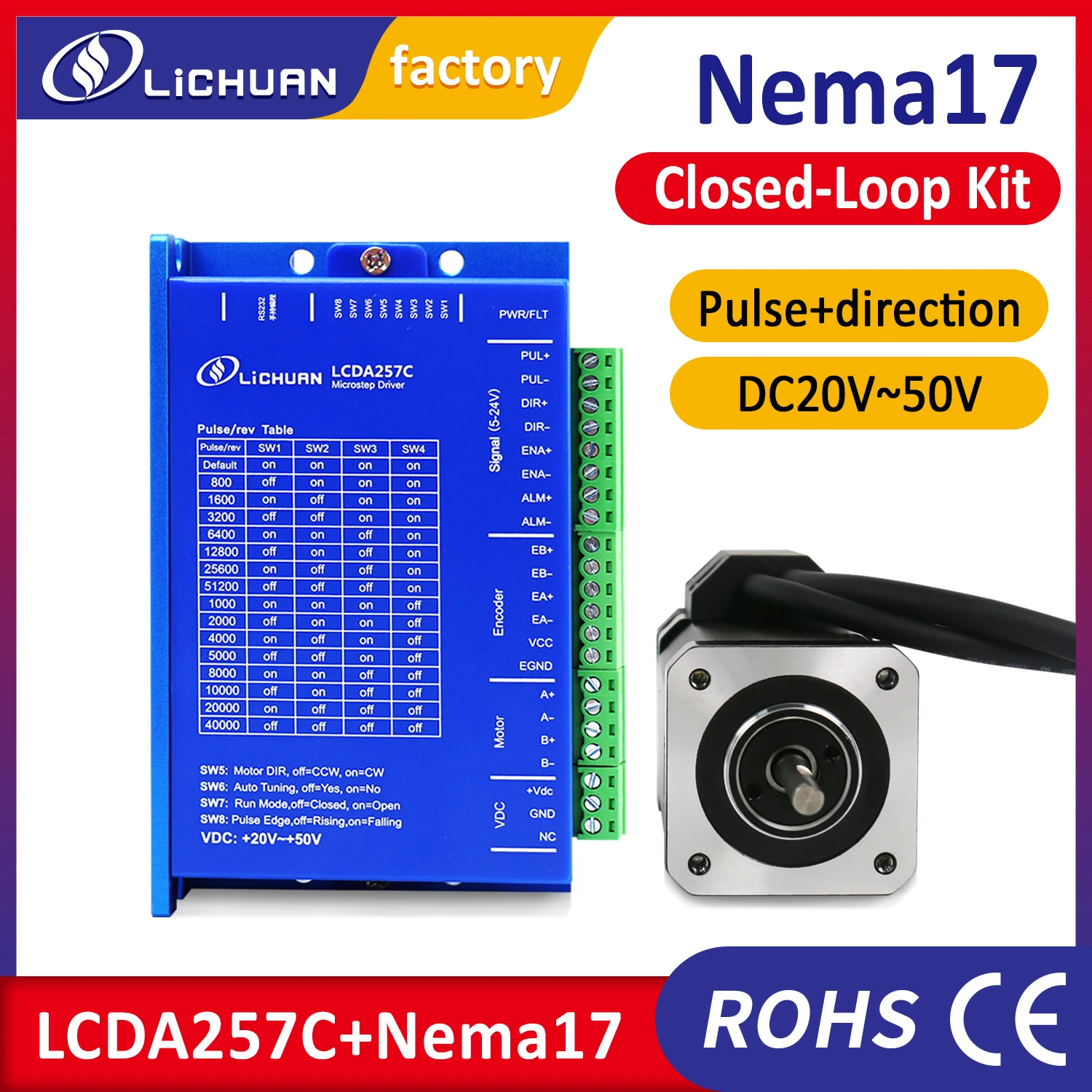 Lichuan Nema17 closed loop stepper motor with driver LCDA257C 6A power DC24V 36V 48V encoder 1000ppr increment pulse/dir CW CCW