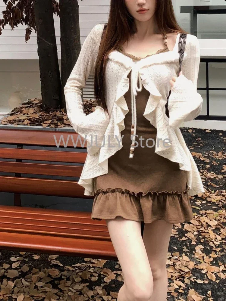 

American Style Vintage 2 Piece Set Spicy Girl Sexy Sleeveless Mini Dress + Knitted Ruffle Y2k Cardigan Korean Fashion Suit Woman