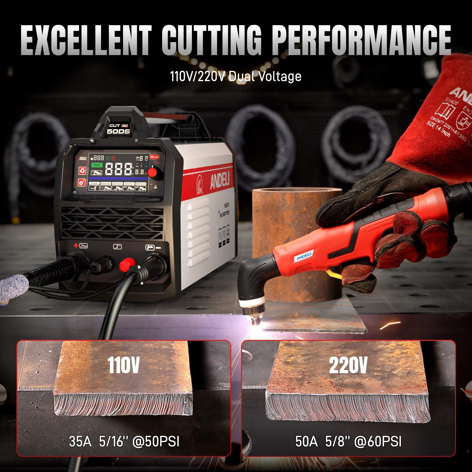ANDELI Plasma Cutter Non-Touch Pilot Arc 50A 110V/220V Digital Display Built-In Air Filter 5/8 in Clean Cut Suitable for Plate Grid and Marking Modes