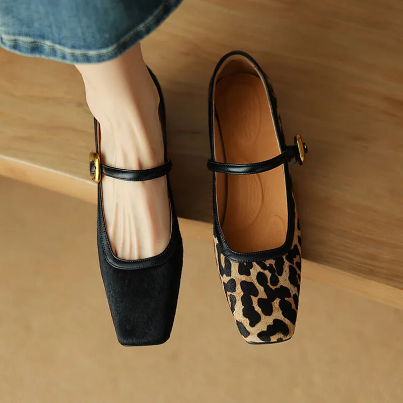 

Phoentin Designer Leopard print mary janes shoes for women 3cm low heels 2024 retro square toe black Pumps FT3647