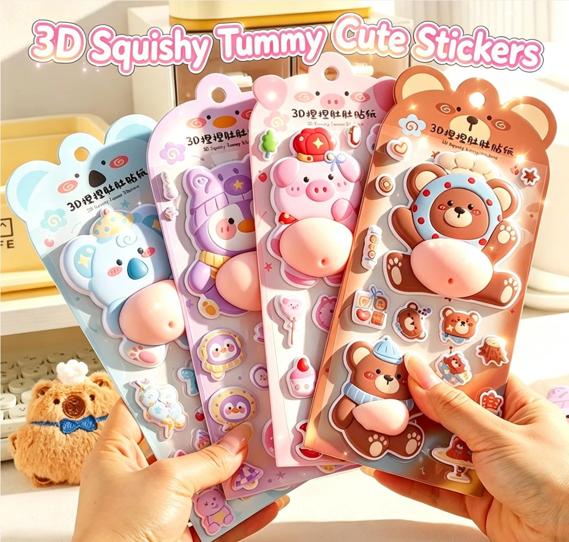 D Animal Belly Squishy Stickers, Silicone Foam Stress Relief Decals, Cute Cartoon DIY Scrapbook Decor for Kids