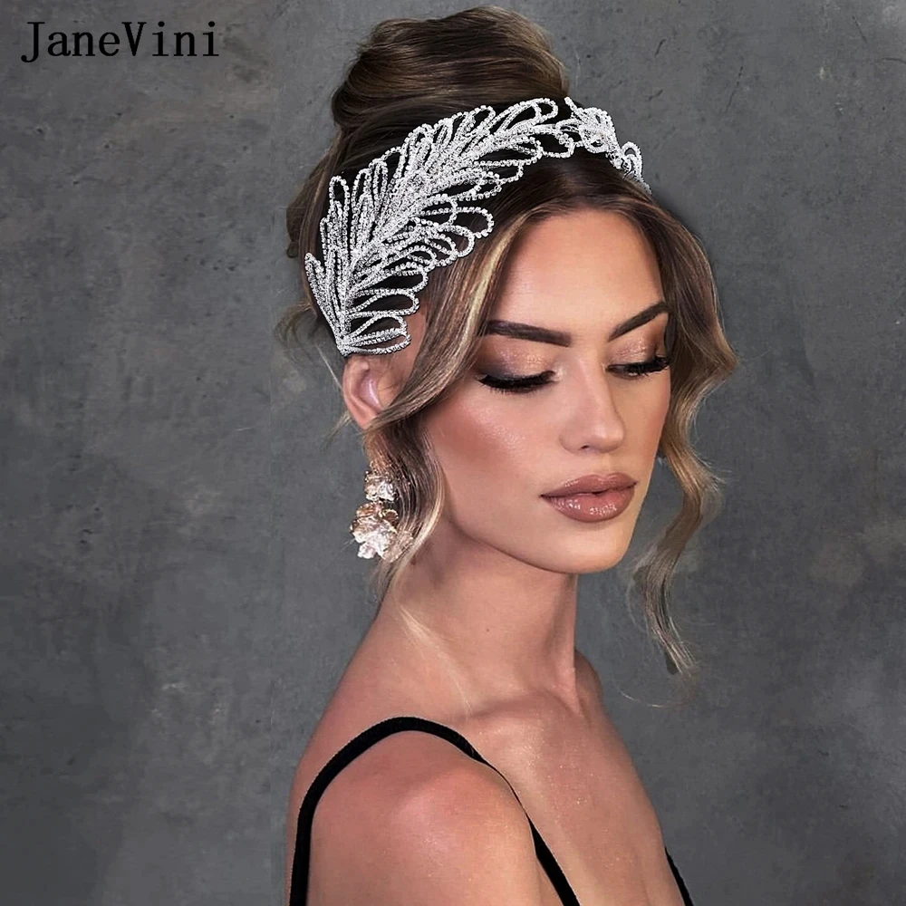 JaneVini Luxury Silver Diamond Bridal Jewelry Leaf Headband Wedding Hair Tiaras Accessories for Women Ornaments Bride Headpiece