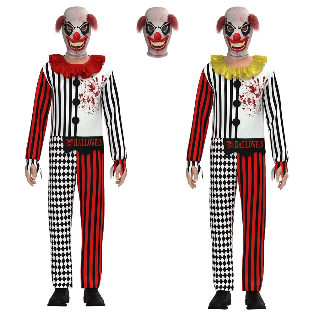 Halloween dorosły straszny klaun kombinezon Cosplay z maską zabawny Joker cyrkowy klaun kostiumy dla mężczyzn dzieci bal przebierańców Cosplay