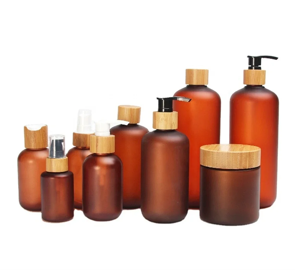 Botella de plástico con tapa de bambú, botellas de plástico esmerilado ámbar, botella de champú con acabado mate de tacto suave, tarro esmerilado con tapa de bambú