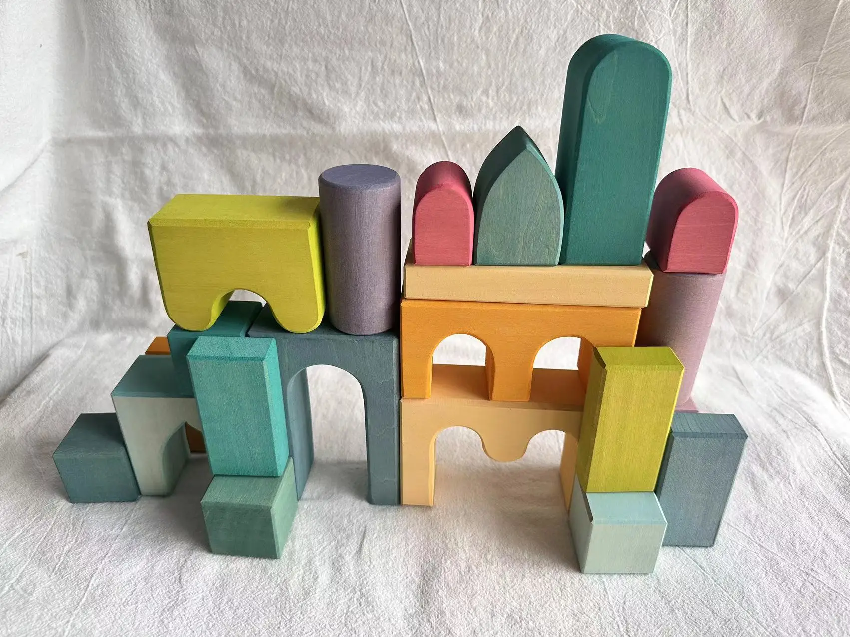 Kids Wooden Toys Pastel Nordic Buiding Blocks Stacking Crochet House Animals Rainbow Forest Trees