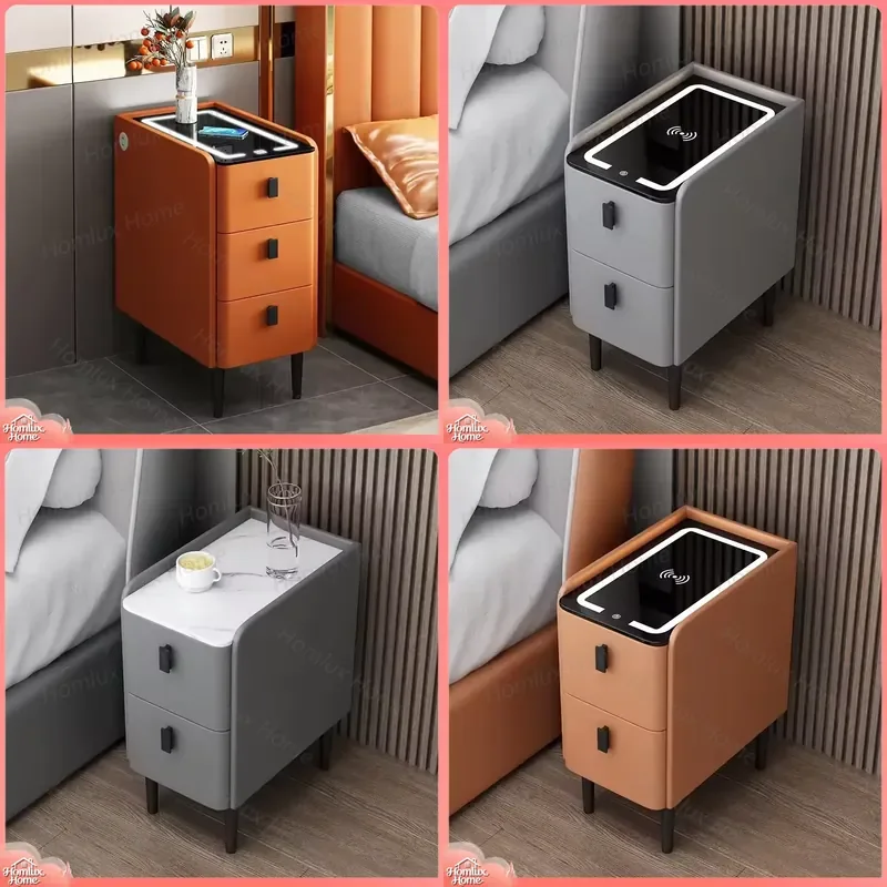 Modern Wooden Bedside Table with Drawer LED Light Compact Smart Nightstand for Bedroom Furniture Minimalist Design