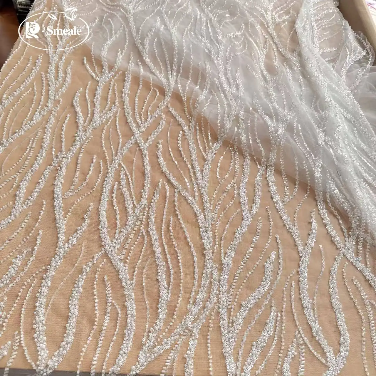 

Beads Sequins Lace Fabric, Luxury Evening Dress, French Lace, 2 Designs Can Choose White, RS2798