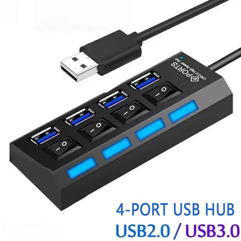 High Speed 4 Ports USB HUB 2.0 Adapter Expander Multi USB Splitter Multiple Extender With LED Lamp On/Off Switch For PC Laptops