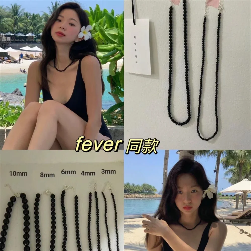 

Korean S925 Silver Necklace, Korean Blogger Fever Style, Natural Black Agate Bead Summer Niche Light Luxury Cool Style Women's
