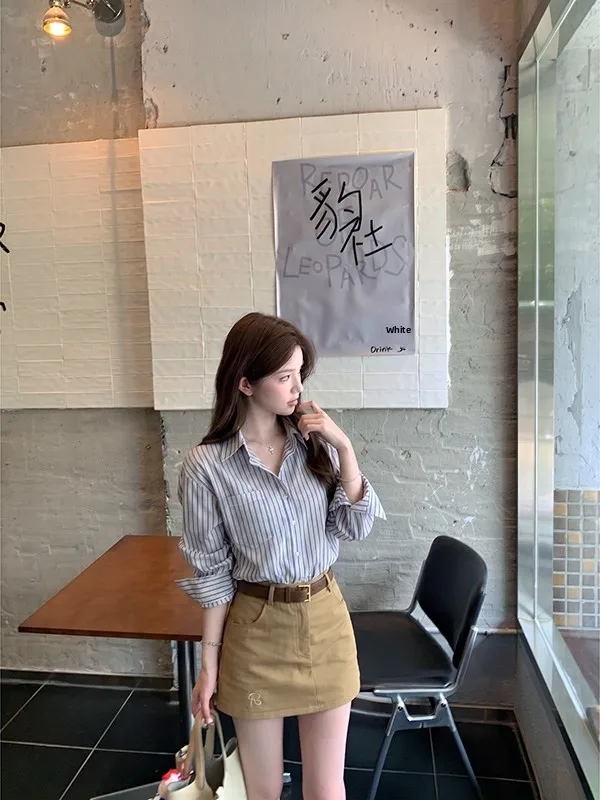 

Blue Striped Shirt And A-Line Skirt Set Women's Summer Slimming Casual Design Shirt Dressing Style High Waist Short Skirt