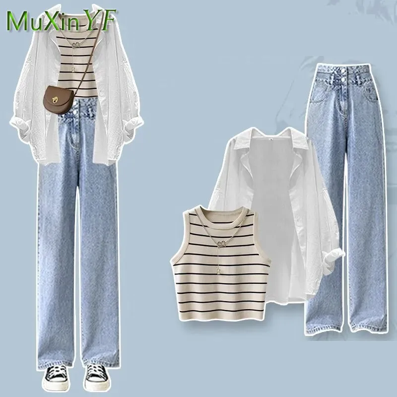 Women\'s Summer Suit 2023 New Casual Shirt Striped Vest Jeans Three Piece Korean Elegant Blouse Denim Trousers Matching Set