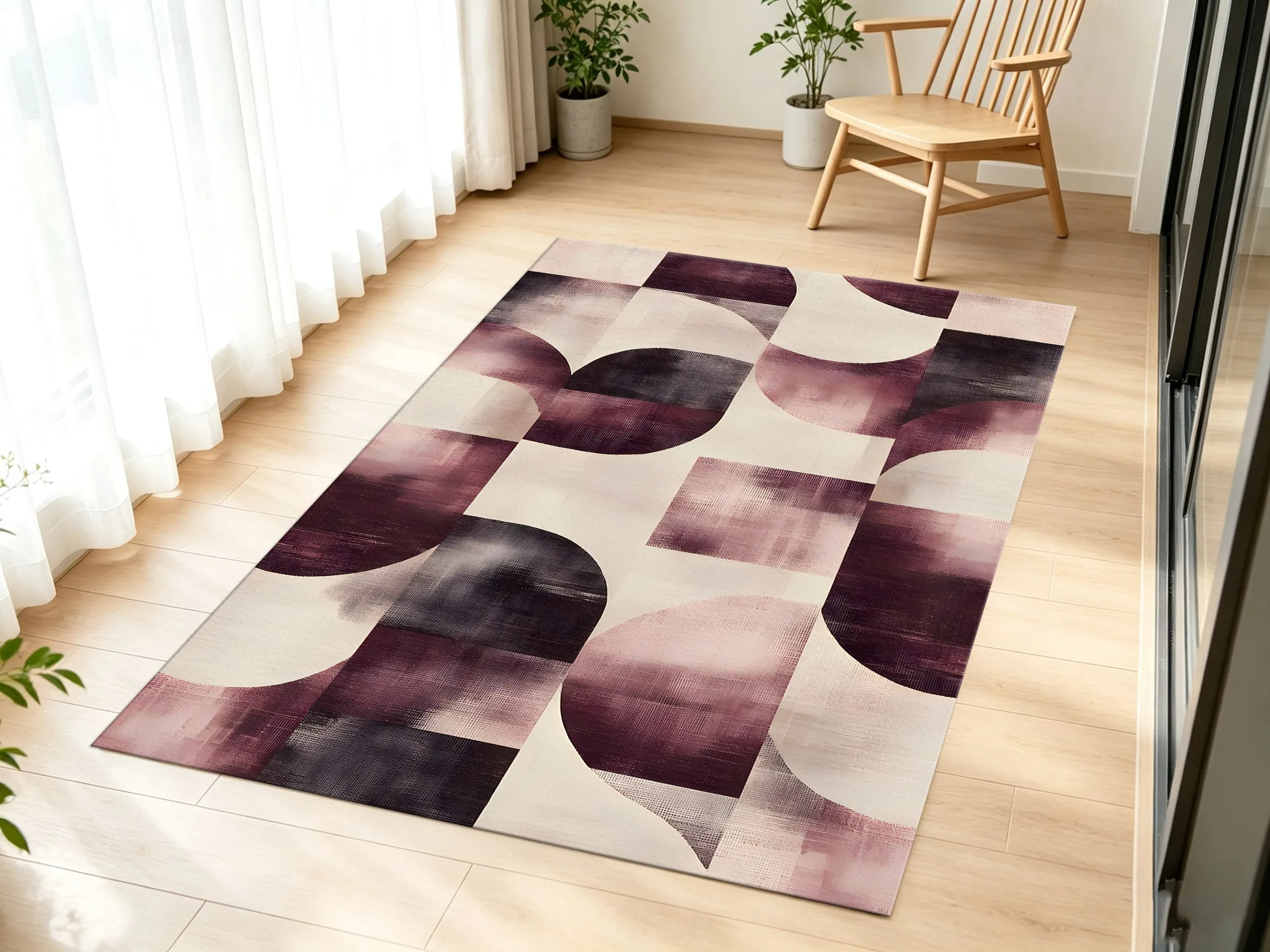 Luxurious Retro-Style Velvet Rug with a Bean Paste-Toned Geometric Semicircle Design, Perfect for a Housewarming or for a Living Room/Bedroom with a Soft, Misty Ambiance