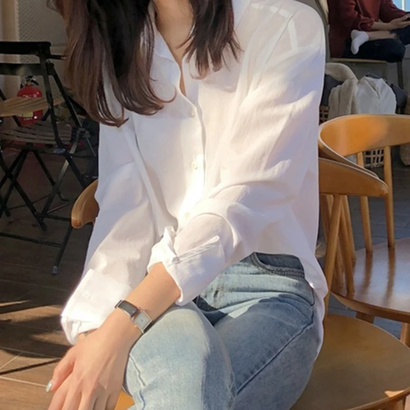 Rimocy Korean Turn Down Collar White Blouse Women 2022 Summer Single Breasted Office Shirts Woman Long Sleeve Blusas Mujer S-2XL