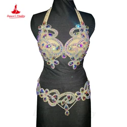 Belly Dance Performance Suit Women Customsized Oriental Bra Top+AB Stones Belt for Children Competiton Bra Set Bellydancing Wear