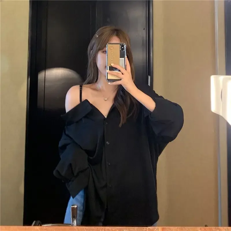 Bluzki damskie Casual Koreański styl Off Shoulder Koszule z długim rękawem Biały Czarny Ponadgabarytowy Moda Młodzieżowa Streetwear Chic