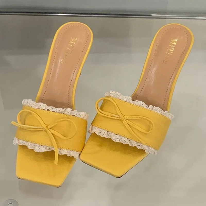 

Satin Butterfly-Knot Square Toe Slippers Women Sweet Fashion Dress Shoes Ladies Pumps Elegant High Heels Sandals Women Slides