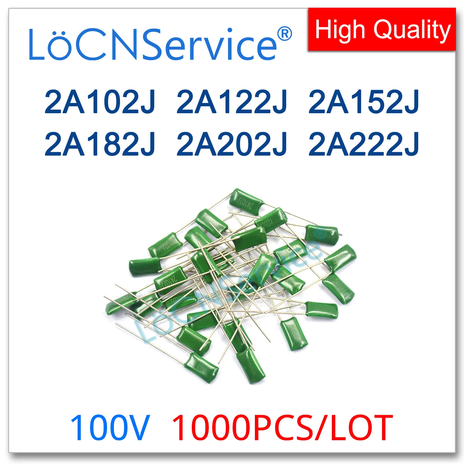 1000PCS Polyester film capacitor 100V 2A102J 2A122J 2A152J 2A182J 2A202J 2A222J 1NF 1.2NF 1.5NF 1.8NF 2NF 2.2NF High quality