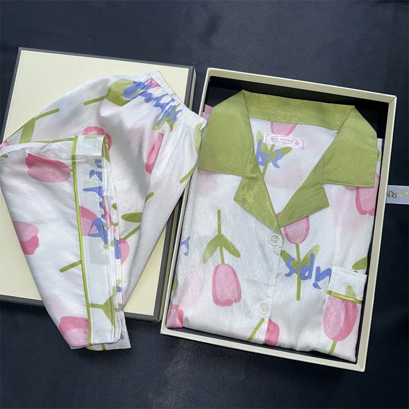 2024 New Summer Ladies Faux Stain Pajamas Set Casual Shorts and Top Two Piece Set Flower Soft Faux Silk Home Service Set Woman