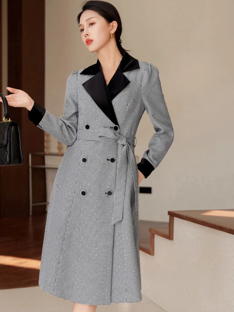 Fashion Tailored Coat for Women Autumn Winter 2024 New Korean Long Sleeve Lace Up Midi Jackets Ladies Casual Coats