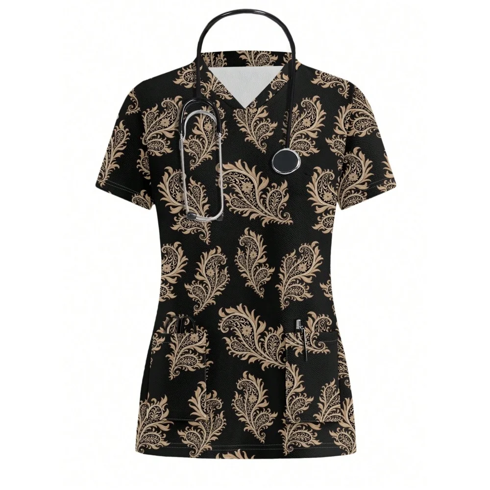 Femmes Imprimer Infirmière Uniforme Lâche D'été À Manches Courtes Col En V Tops Soins Infirmiers Travail Uniforme T-Shirts Clinique Vêtements De Protection