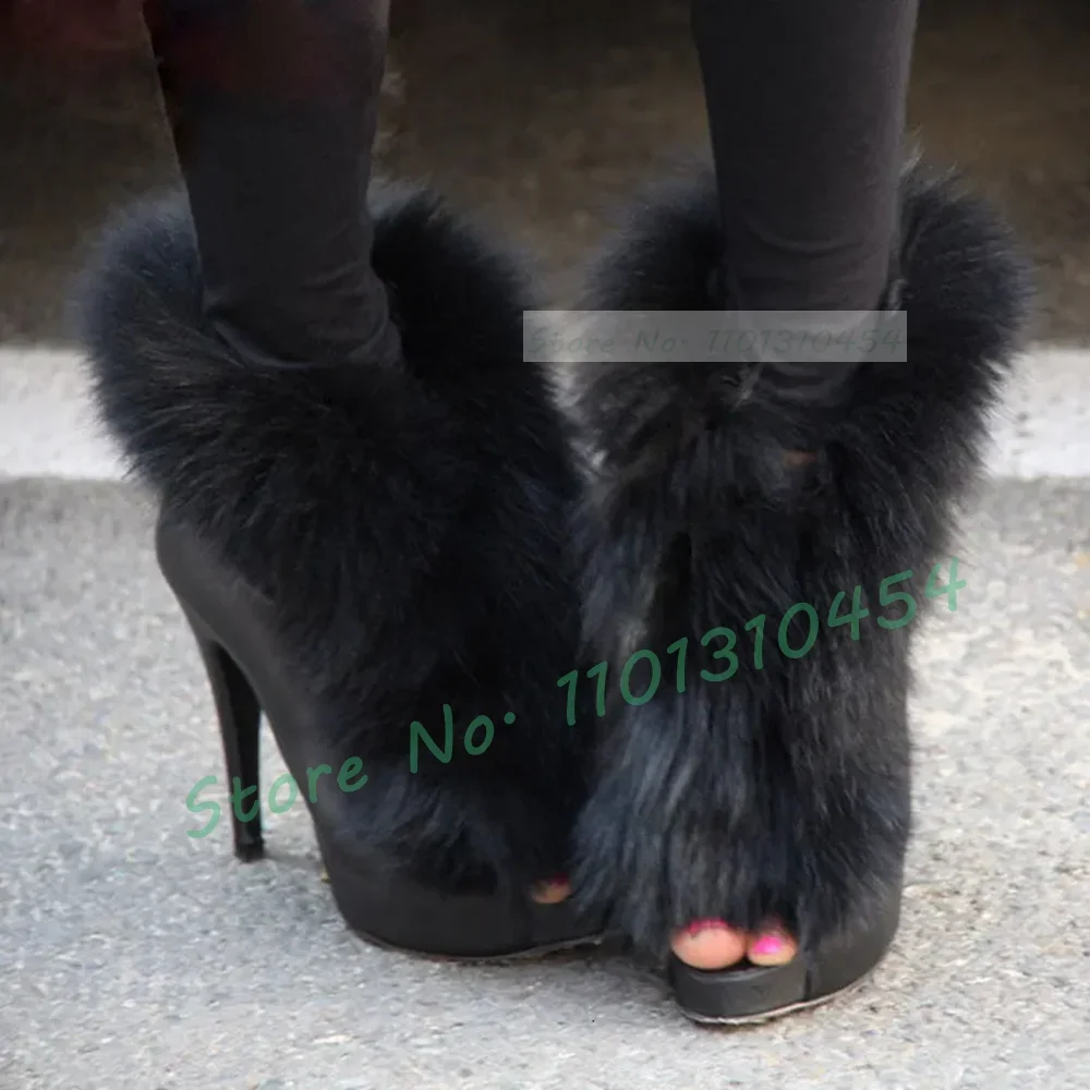 Black Peep Toe Ankle Boots With Real Fur Women Low Platform Cutout High Heels Shoes Ladies Fashion V-shaped Slip On Booties view 2