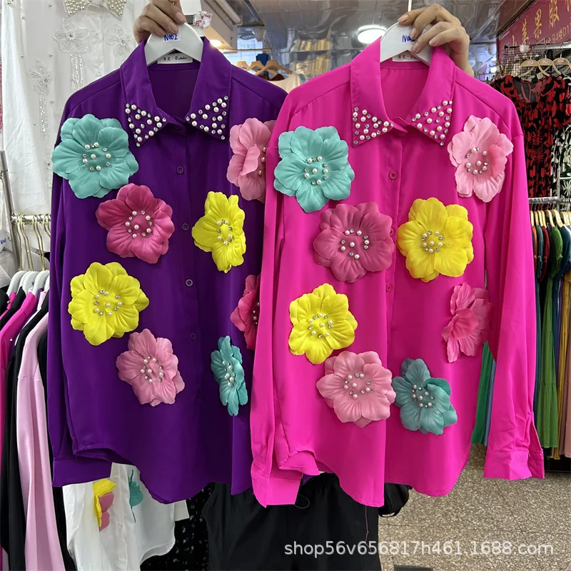 Pesado frisado strass camisa feminina bela flor 3d decoração solta casual na moda marca blusa 2025 outono novas blusas