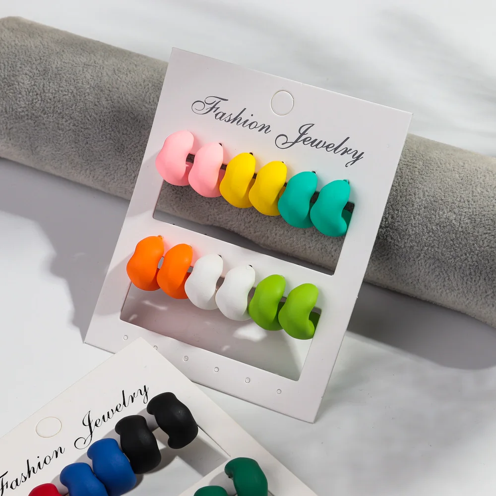 6 Pairs/set Cute Colorful Acrylic Matte Geometric C-Shape Earrings Set for Women Girls Lovely Heart Earrings Fashion Jewelry