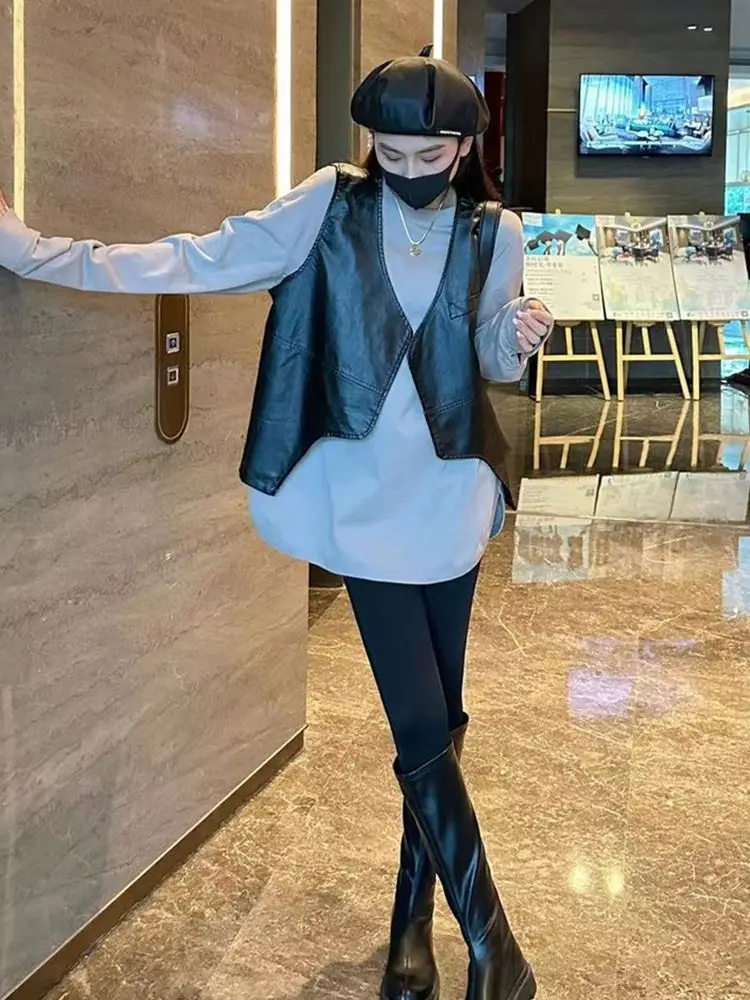 Leather Vest Waistcoat Women Sleeveless Faux Leather Jacket Streetwear Hip Hop Cardigan Y2k Vintage Irregular Tops Women Clothes