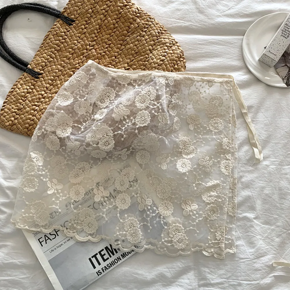 

All-Match Sweet Lace Half Skirt Flower Embroidery Hight Waist Gauze Skirt Lace-up Y2K Outwear Mini Skirt Female