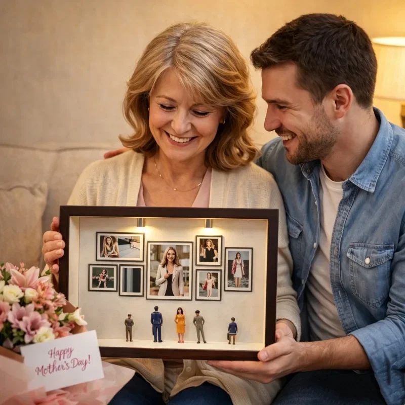 DIY Miniature Museum Photo Frame Set Wood Figurine Silhouette Case with 7 Holders 8 Figures Keepsake Display for Wedding Gift