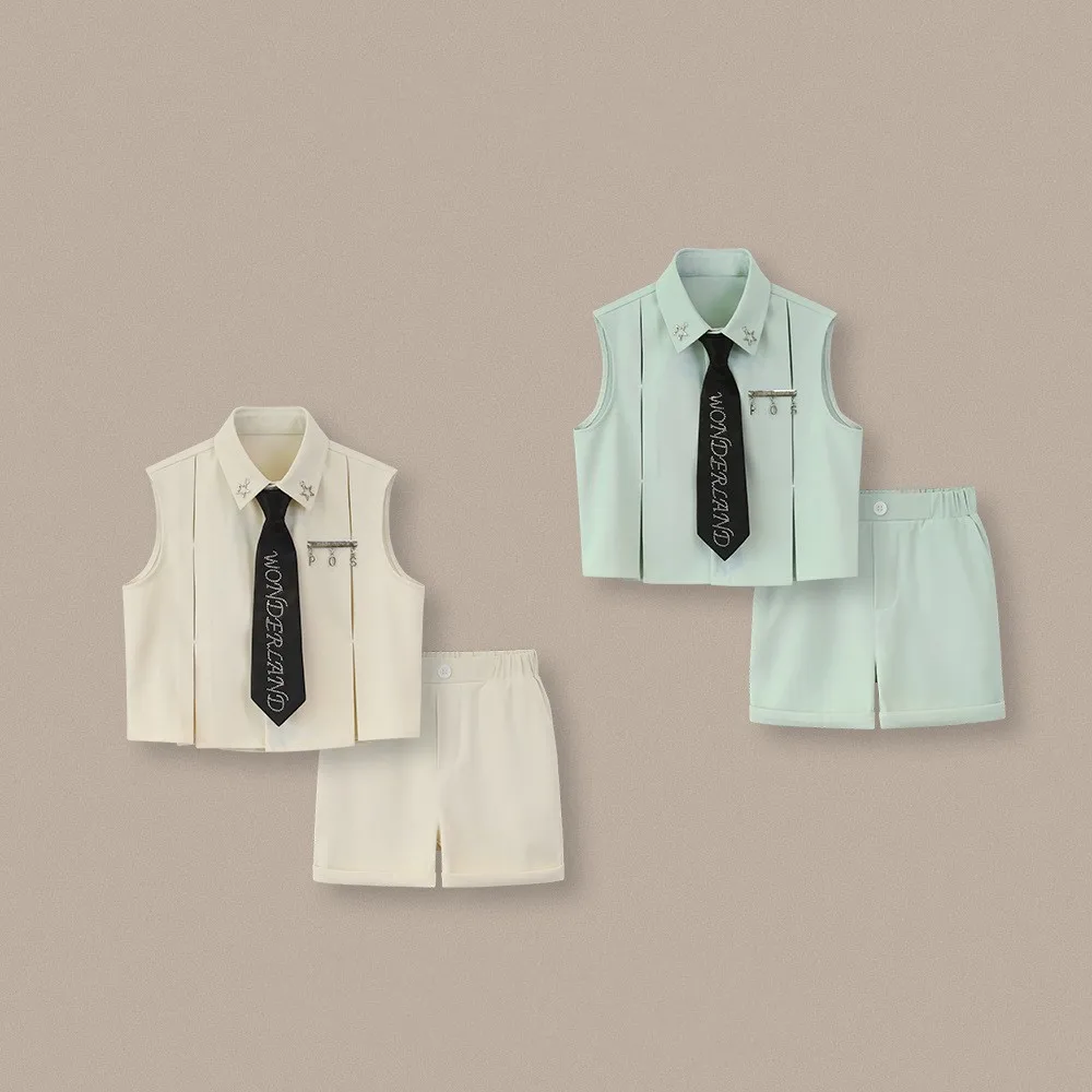 Kids British Vest Shorts Boys Solid Color Waistcoat Wedding Clothes Set Toddler Formal Dress Child Summer Tuxedos School Uniform