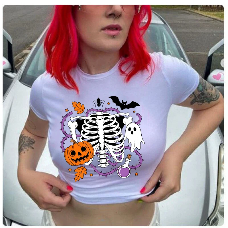 

Женская футболка 90-х годов с креативным принтом черепа в стиле Харадзюку, панк, готика, сексуальный повседневный укороченный топ, модная тонкая винтажная эстетичная детская футболка
