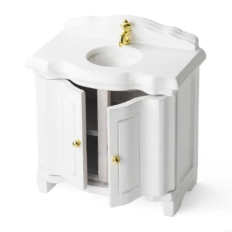 

K8GF 1/12 Scale Dollhouses Sink Cabinet Miniature Furniture Hand Washing Sink for Vintage Bathroom Scene Display Accessory