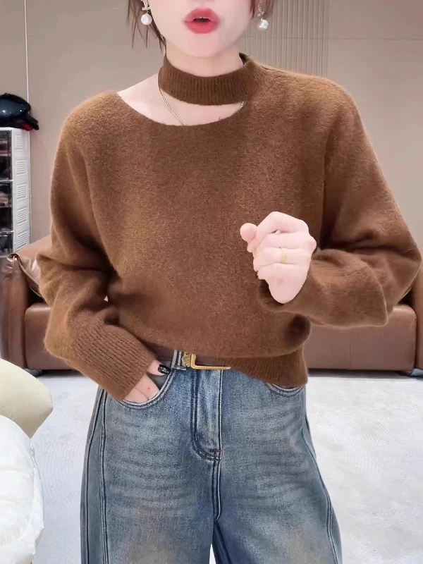 

Cé Brown Women's Knitted Sweater Ne Hanging oulder Lazy Sle Boting Top Mid-Thi Long Sve round Ne Pullover
