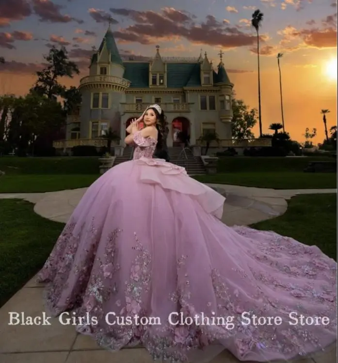 Princess Pink 15 Quinceanera 2024 Luxury Strapless Poncho 3D Floral Applique Corset Chapel Train Mexico vestido xv años