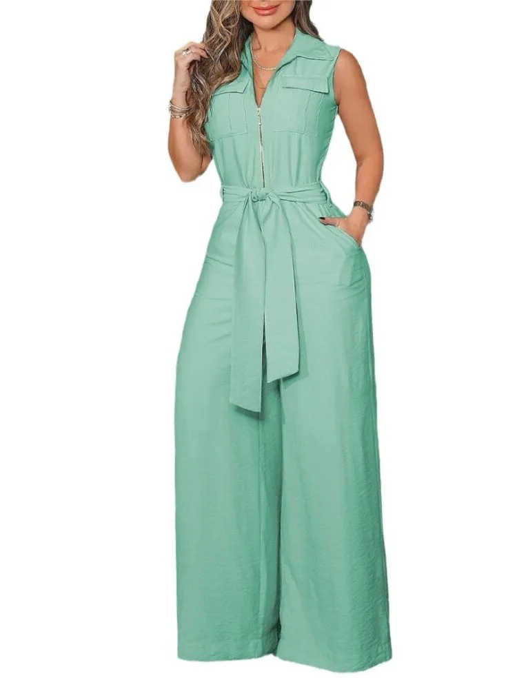 Cintura da donna con cinturino con cerniera solida Tuta a gamba larga Nuovo colletto della camicia Pantaloni dritti a gamba larga senza maniche Abbigliamento da strada casual