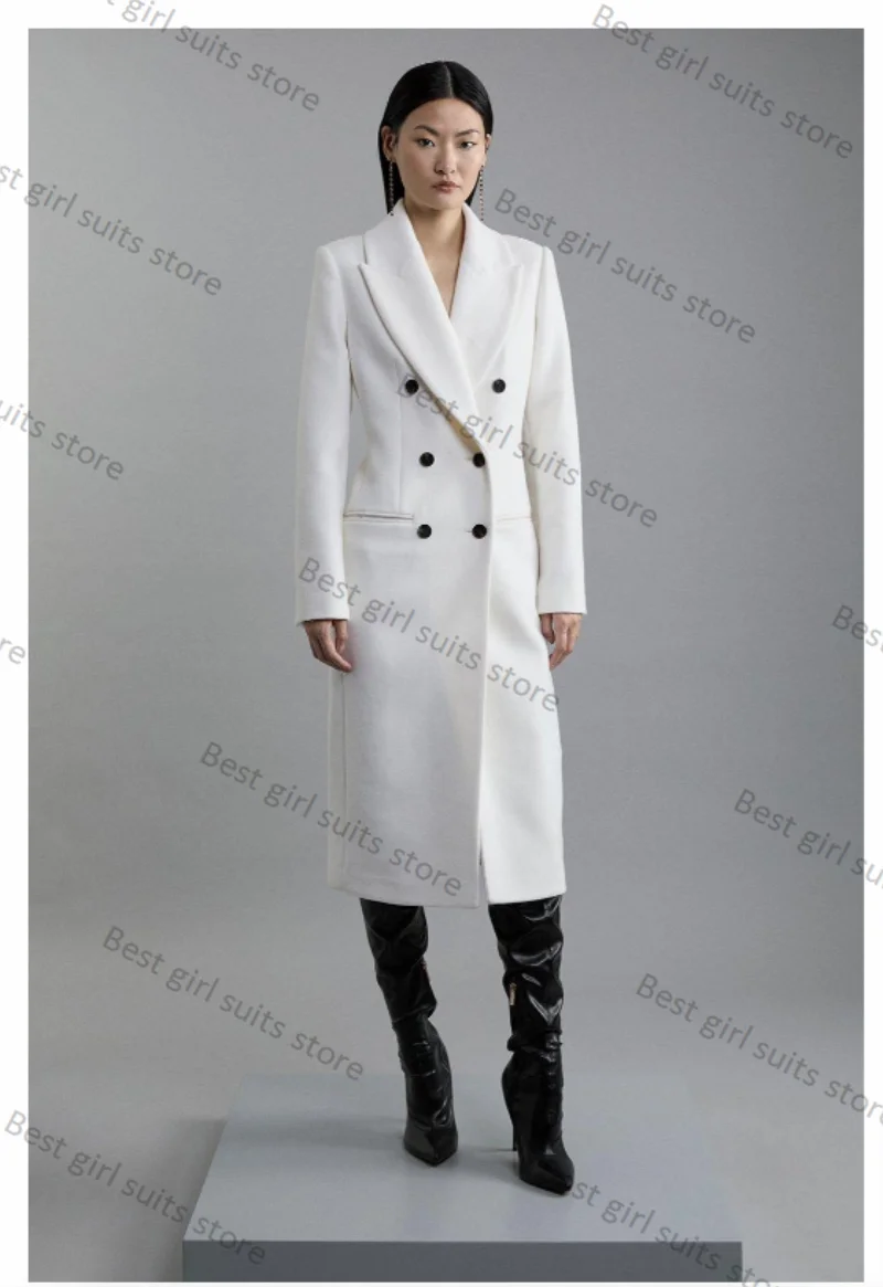 White Cashmere Wool Women Suit Skirt 1 Piece Long Blazer Prom Dress Double Breast Formal Office Lady Jacket Customized Overcoat