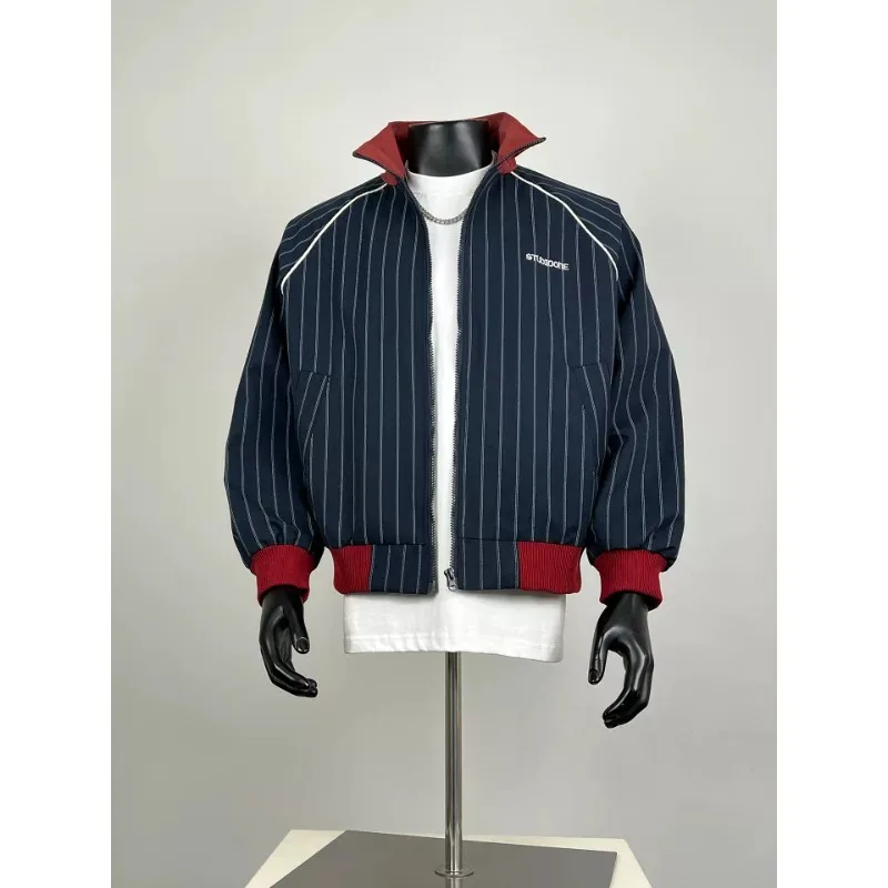 Fashionable Men's Embroidered Letter Jacket Spring 2026 High Street Double Vertical Stripe Stand Collar Trendy Men's Outerwear