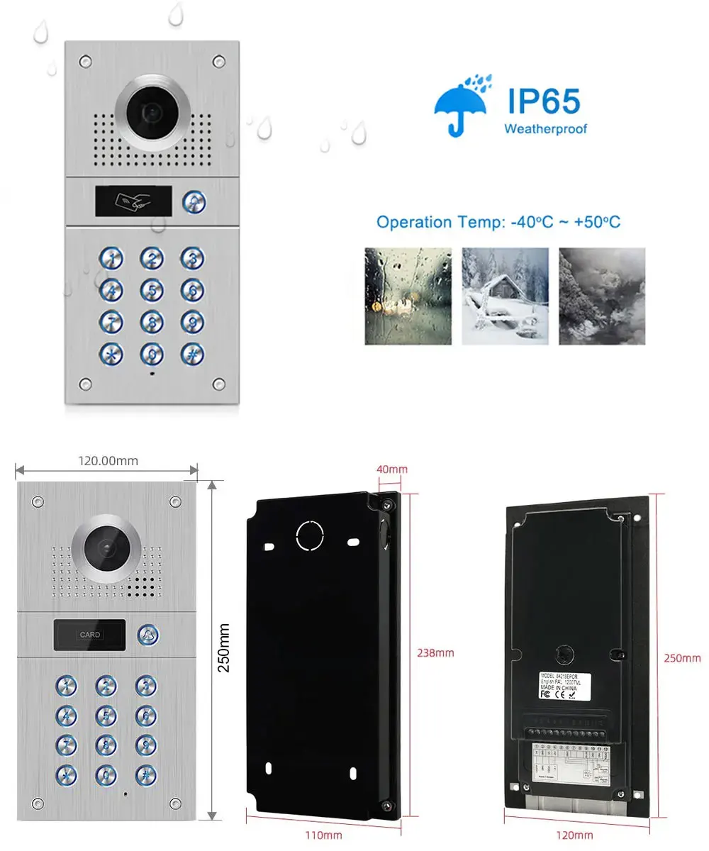 7 inchTuya WiFi Wired Video Intercom 2 LCD with Camera and Code Keypad/RFID Cards Access Control System Motion Detection Record