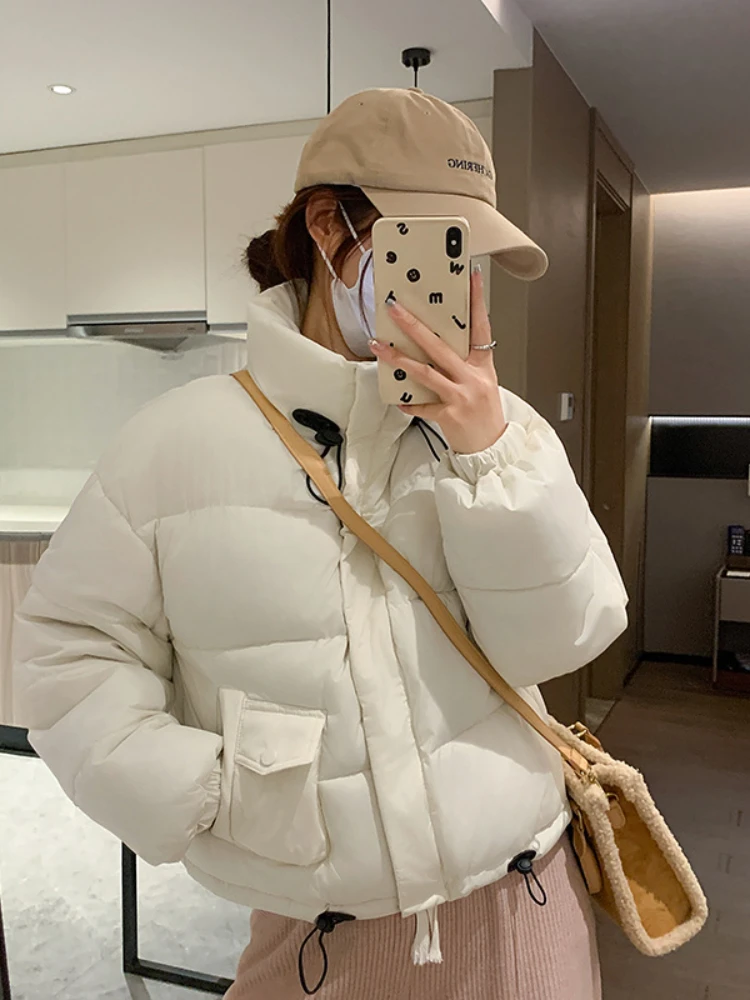 Fashion Black Down Cotton Solid Jacket Women\'s Short New Korean Version Warm Cotton Jacket Bread Winter Coat Outerwear Parkas