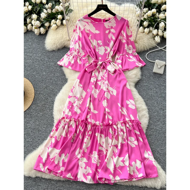 Boho donna slim chic estate stampa floreale fasciatura abito lungo casual festa volant vestido de festa elegante abito con maniche svasate