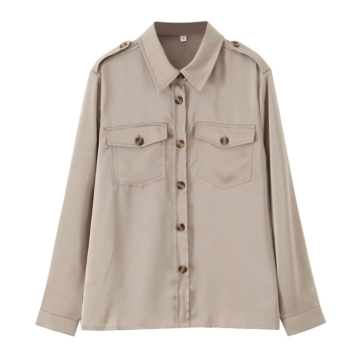 Moda damska 2025, styl europejski i amerykański, letnia nowość, koszula robocza o teksturze jedwabiu, unikalny kołnierzyk, bluzki zapinane na guziki.