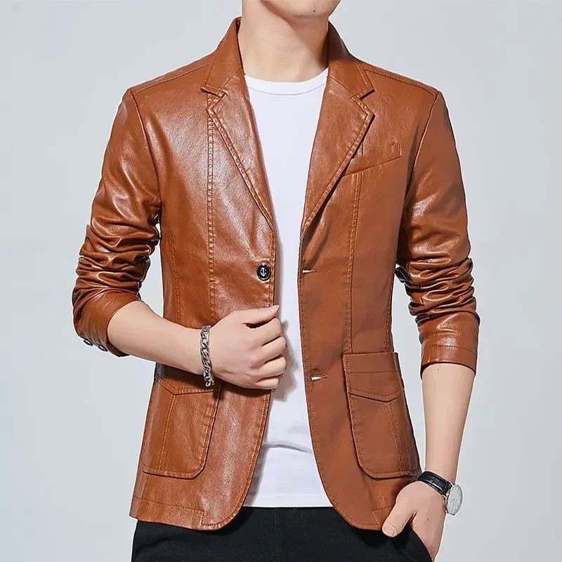 

Men's Autumn Winter Leather Jacket Slim Fit Korean Style Soft Solid Lapel Biker Jacket Fashionable​