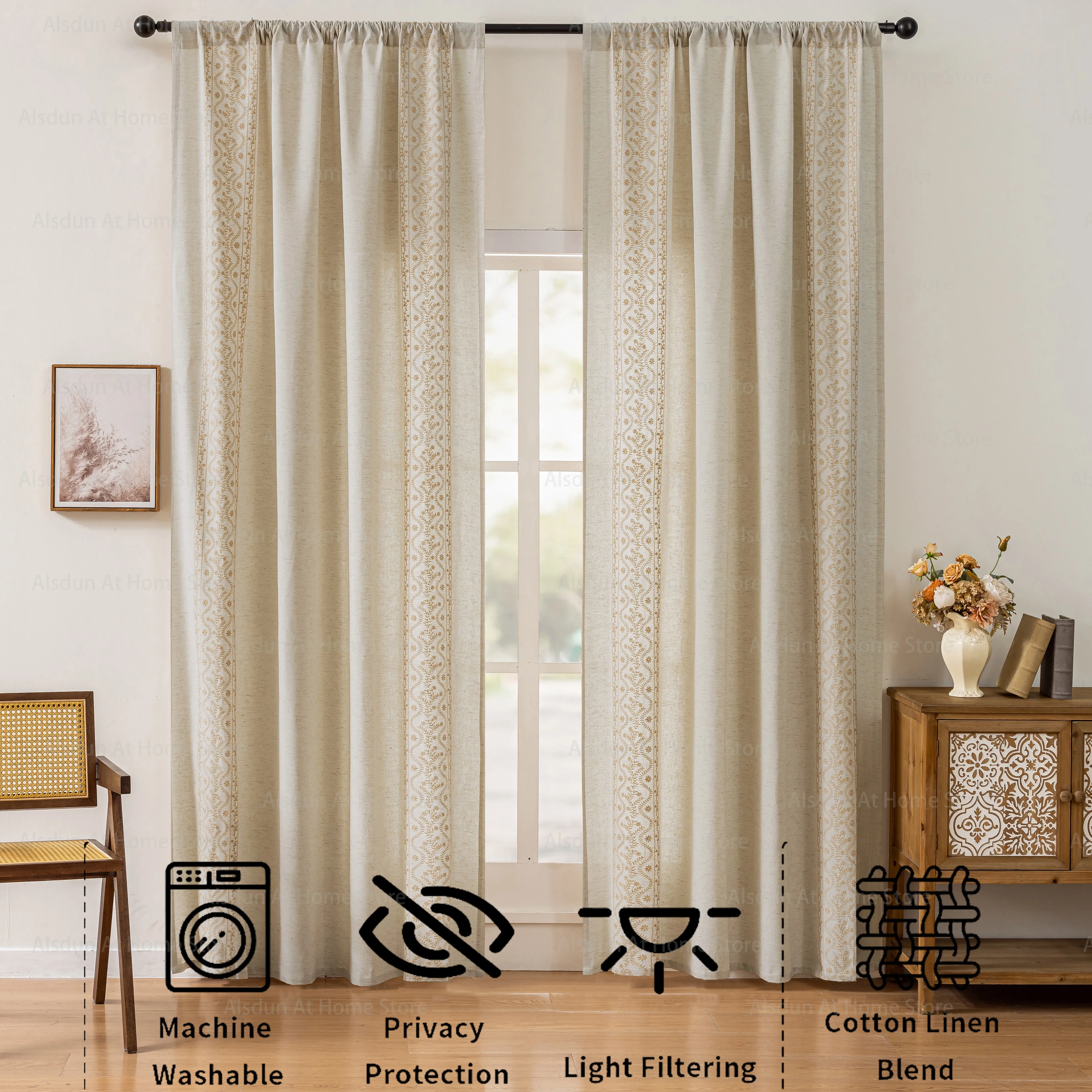 Vintage Curtain Bohomian Style Cotton Line Living Room 2Panels Lounge Curtains Windows Semi Blackout Home Interior Curtains