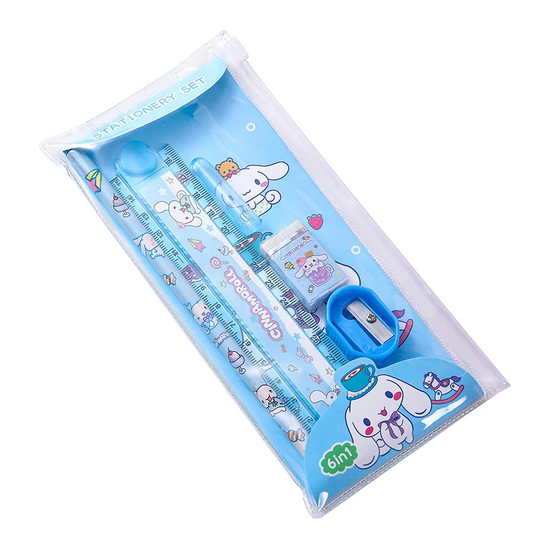 1Set Kawaii Sanrio Cinnamoroll Kuromi My Melody Pencil Eraser Ruler Pencil Stationary Set Sharpener School Even Prizes