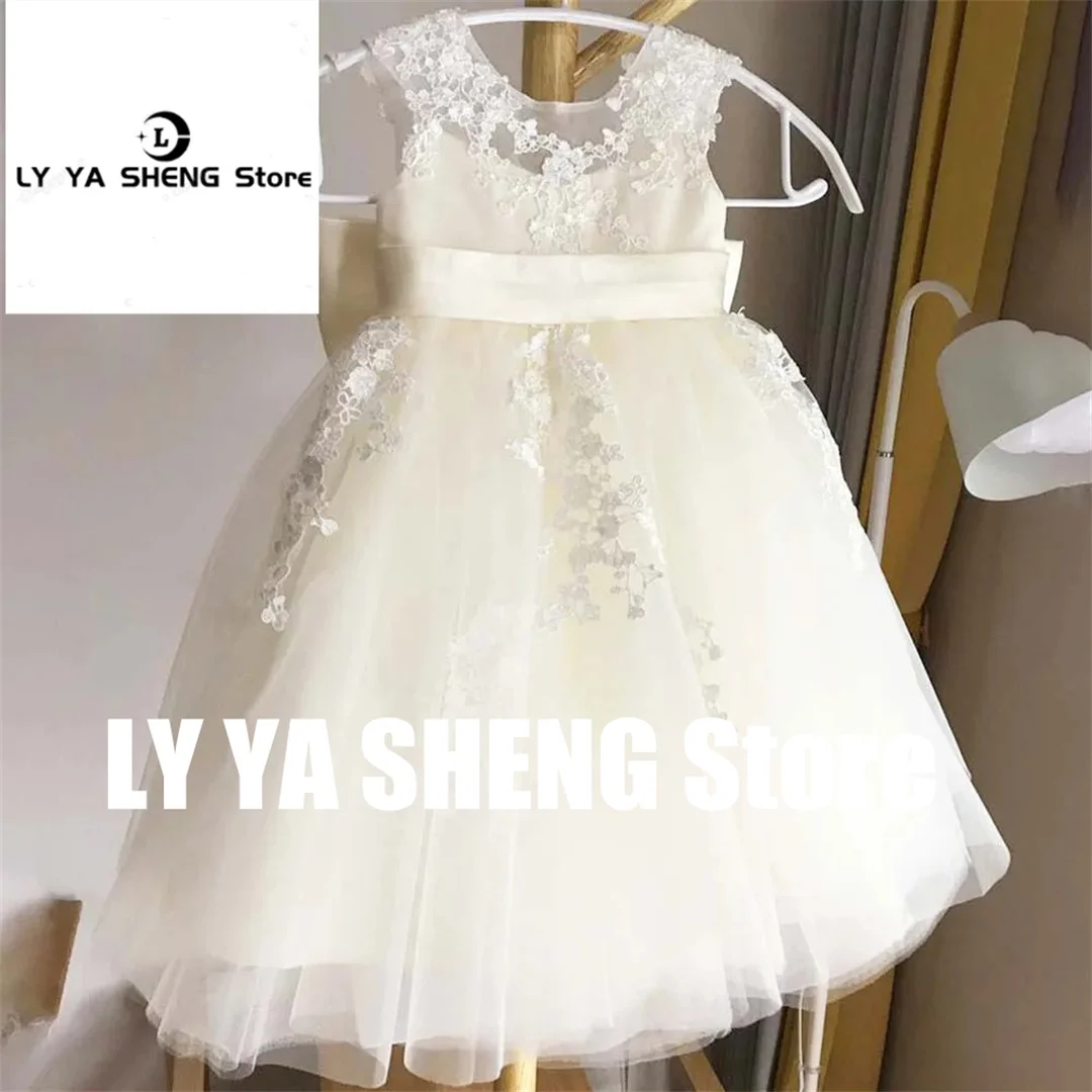 Communion Tulle Puffy Flower Girl Dresses Ivory Lace With Satin Bow Sleeveless Kids Birthday Ball Gowns Princess First Communion