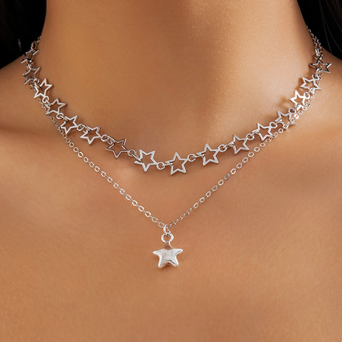 IngeSight.Z 2pcs/set Punk Hollow Star Pendant Necklace for Women Simple Silver Color Metal Link Chain Choker Necklace Set